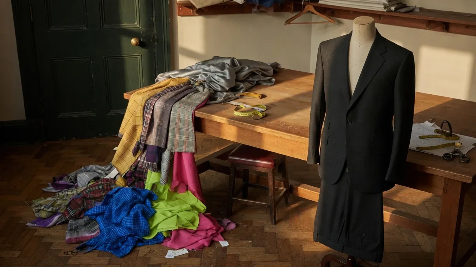 Finished charcoal suit on a tailor form; rejected loud cloth swept to the floor; closed door