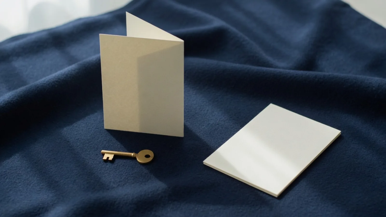 A standing cream card, a brass key left unused, and a face-down card on navy cloth