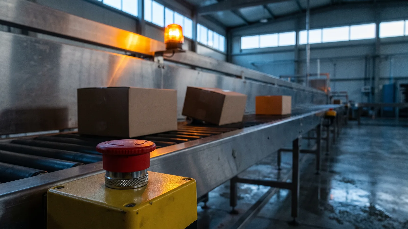 A red mushroom-head emergency stop button pressed down on a stainless steel conveyor line in an empty food packing hall, the belt halted with a few sealed cardboard boxes still on it