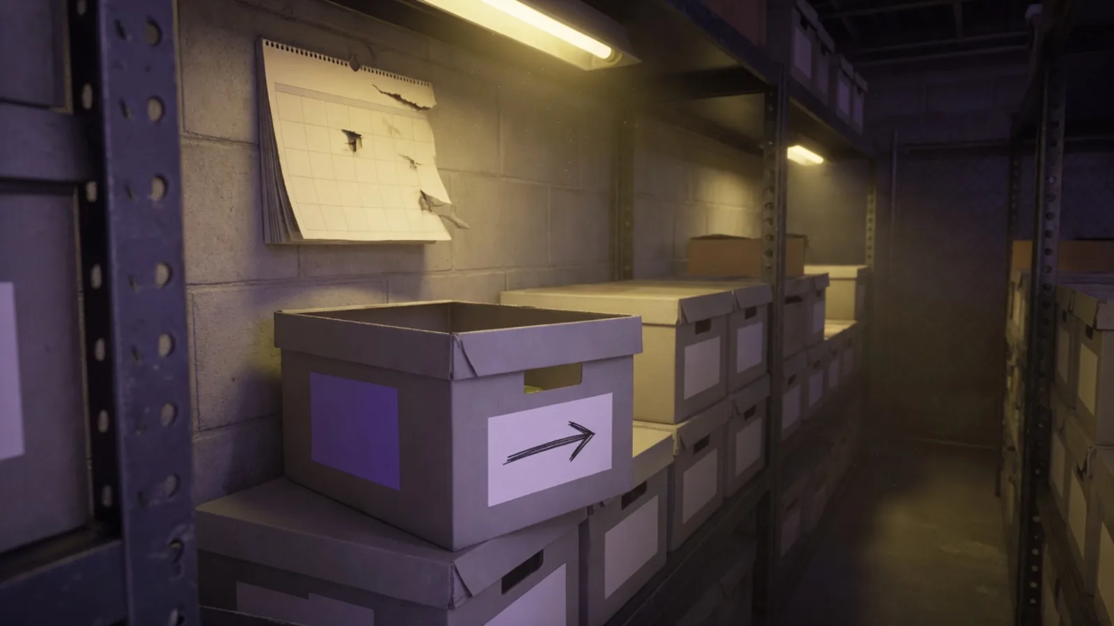 Torn wall calendar above labelled archive boxes in a dusty warehouse aisle, with one obsolete box pulled into the light