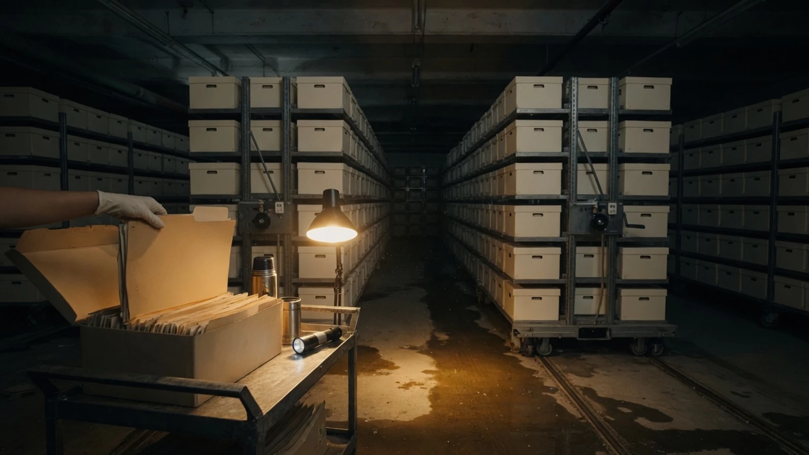 Archiefgang in het donker: een witte handschoen tilt één dossier uit een open doos onder een werklamp, terwijl identieke dozen in het donker verdwijnen