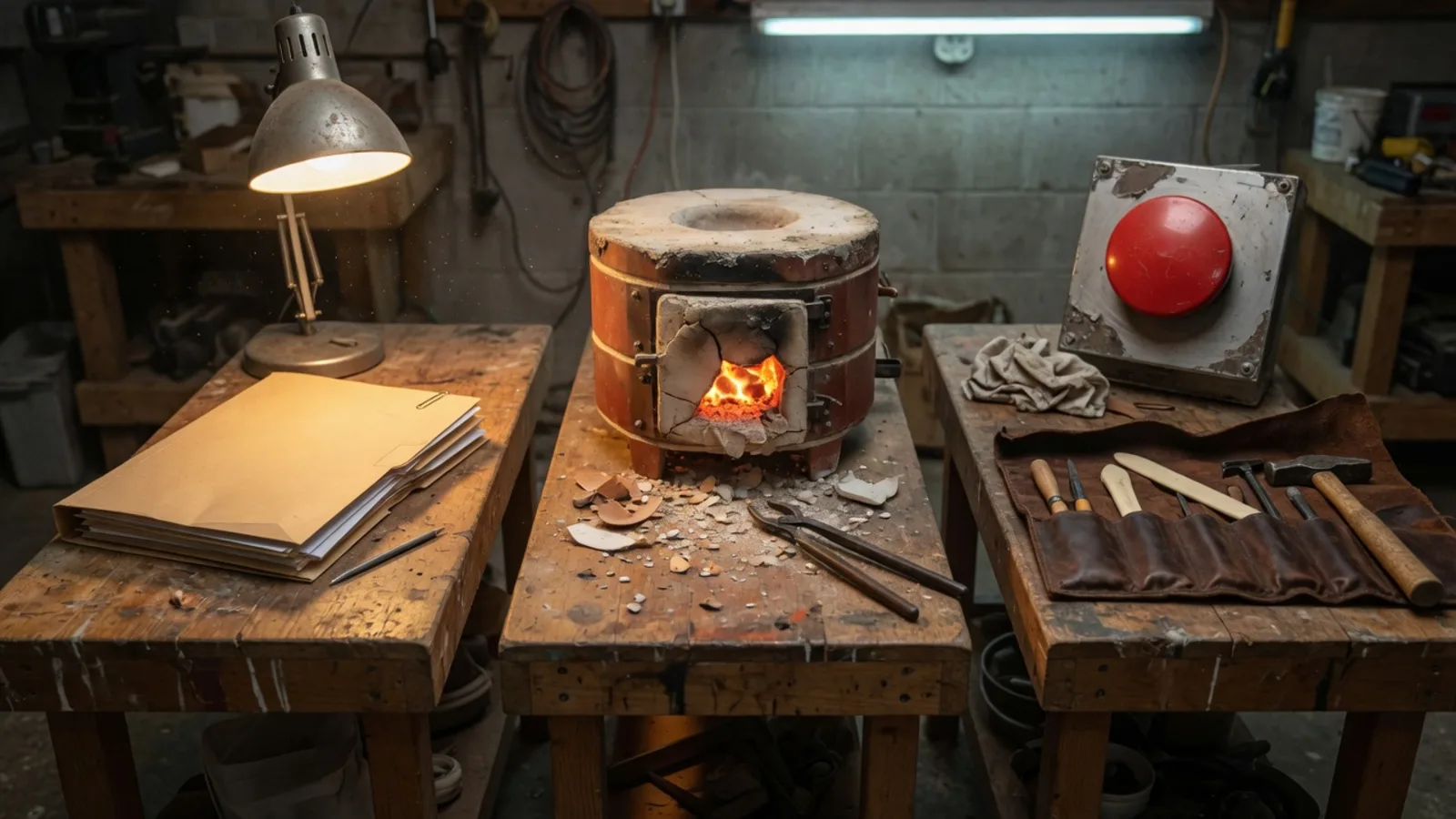Three workshop benches: a single folder under a lamp, a small kiln with a glowing door, an unrolled tool roll beside a red refuse button