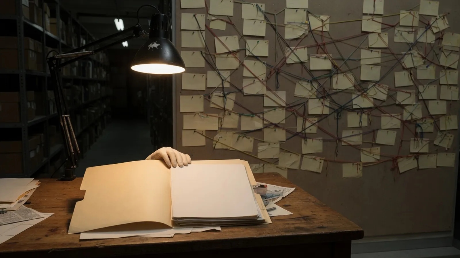 Archive table with one folder under a lamp and a wall of string-linked index cards out of reach of the lamp