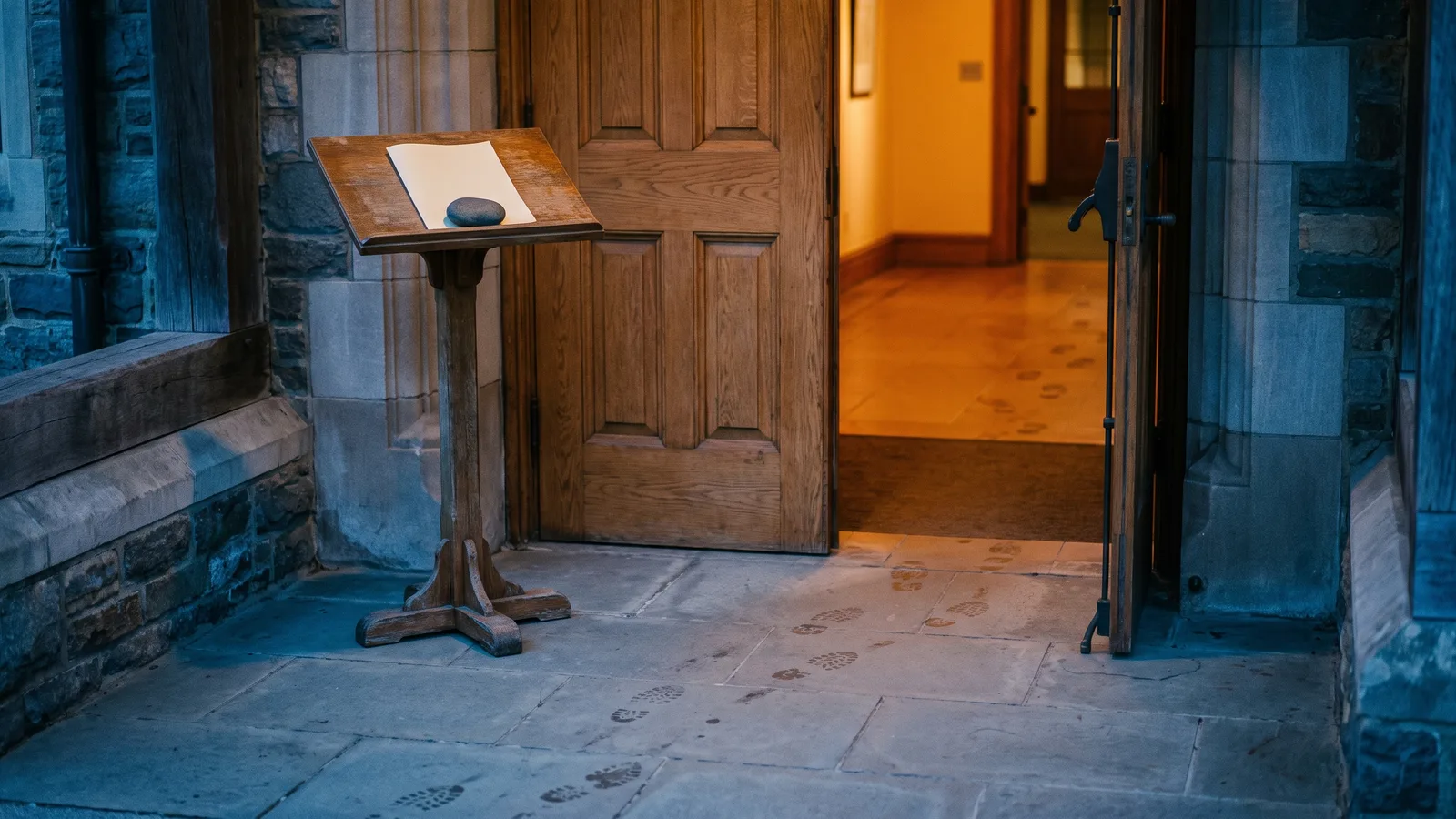 A wooden lectern beside an open door at dusk holds a single sheet under a pebble; one trail of footprints crosses the stone floor into a warmly lit corridor
