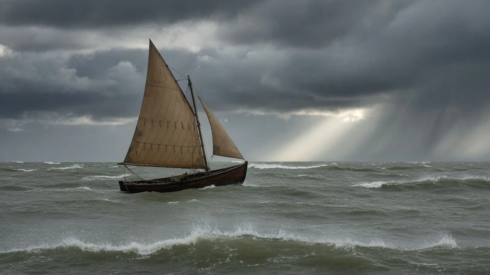 A small wooden sailing boat with weathered tan sails moves through a choppy gray-green sea under heavy storm clouds, with rain falling to the right and a shaft of pale light near the horizon