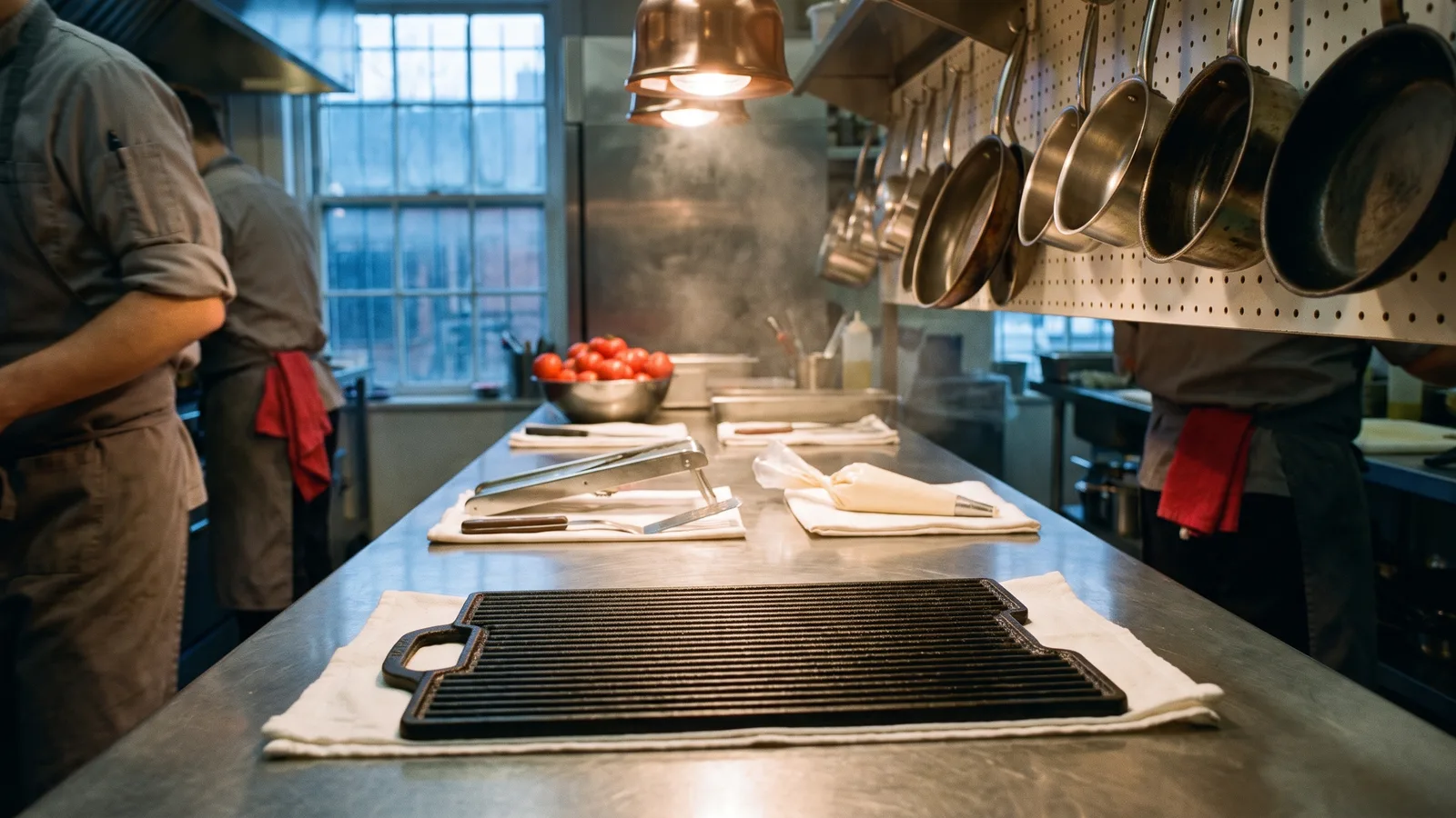 Restaurant kitchen line before service, four stainless-steel stations each set with one different tool, a cast-iron grill grate at the nearest station