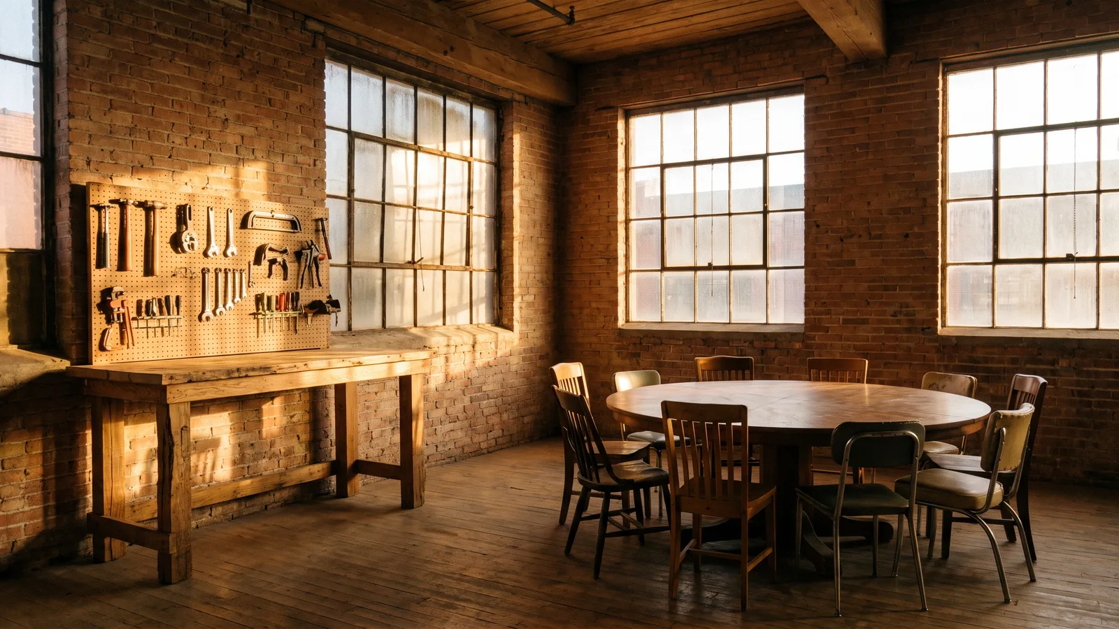 A brick warehouse room in low sun: a standing desk with tools on a pegboard on the left, a round table with eight mismatched chairs on the right