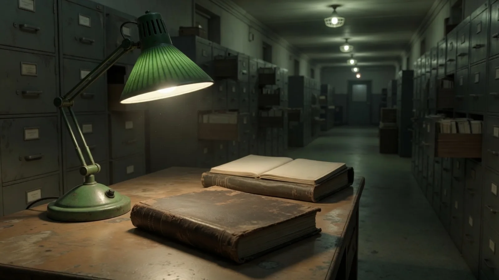 Green desk lamp on a tidy first ledger, a second empty ledger in shadow down a corridor of cabinets