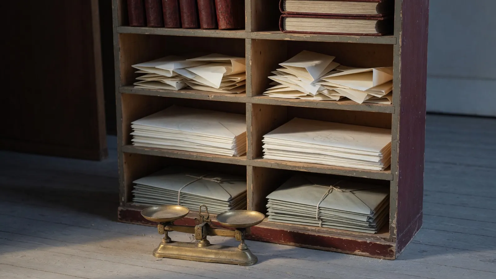 Weathered red wooden shelf with six compartments of paper stacks, folded sheets and string-tied bundles, old bound volumes on the top shelf, and a small brass balance scale with empty pans on the floor in front
