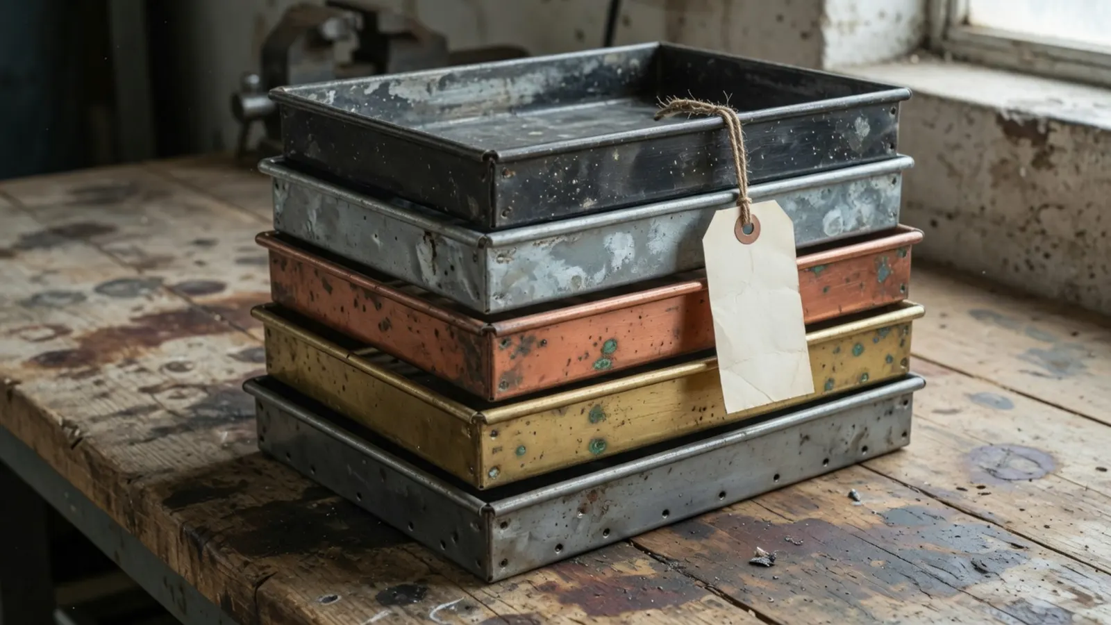 Vijf industriële metalen bakken op elkaar, elk een ander metaal, blanco papieren hanglabel aan de stapel