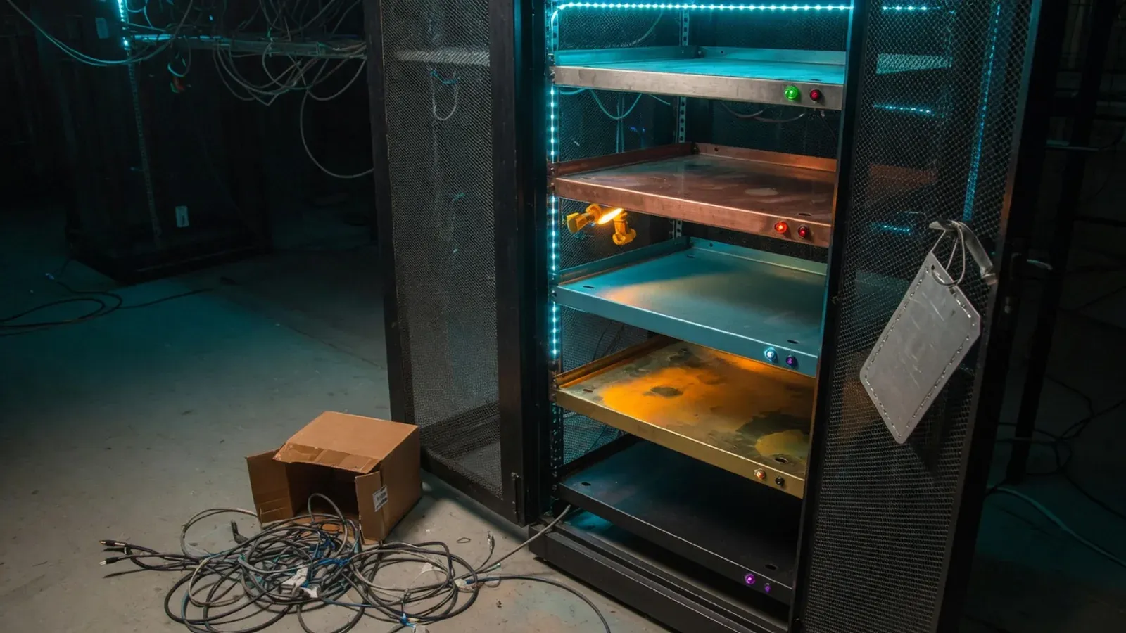 Vijf verschillende metalen rekschappen in een serverkast 's nachts, losse kabels op de vloer, blanco versielabel aan de deur
