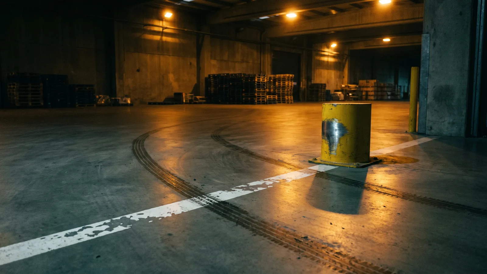Magazijnvloer bij nacht: bandensporen lopen over een verbleekte geschilderde lijn en eindigen bij een bekraste gele stalen paal