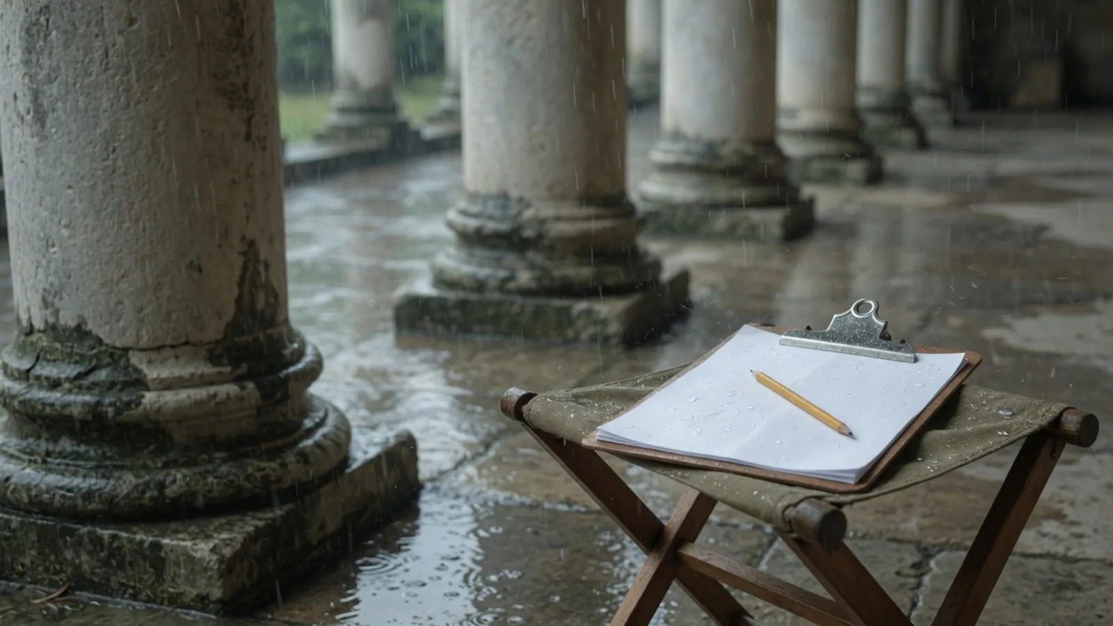 Stone colonnade in light rain, a folding camp stool holding a blank modern clipboard and a pencil, no statues