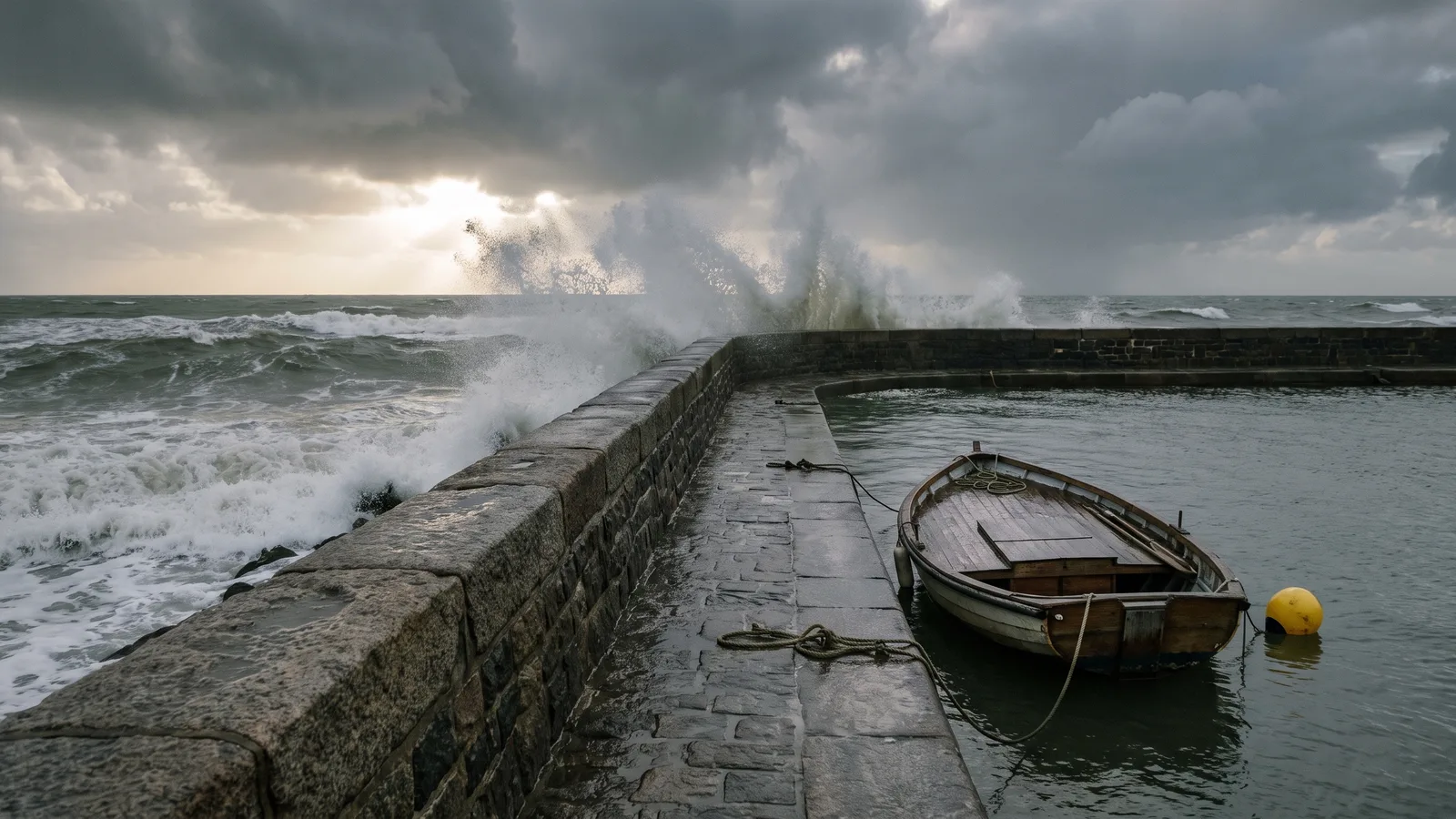 Een klein vissersbootje ligt rustig afgemeerd achter een stenen havenmuur terwijl aan de zeezijde stormgolven breken, met één gele boei in grijs water