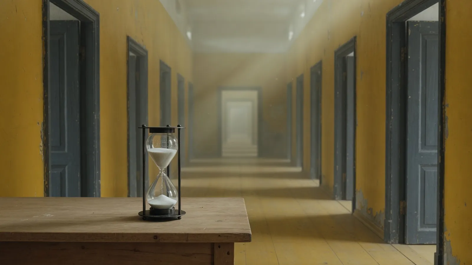 A small hourglass on a worn wooden table in front of a long mustard-yellow corridor lined with open grey doors that fade into hazy light