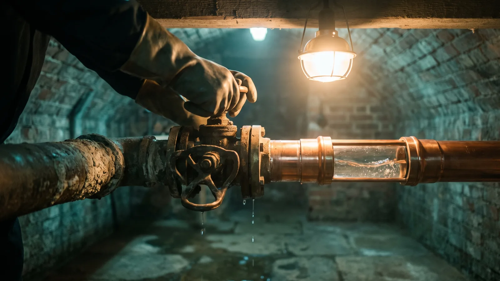 Gehandschoende handen van een loodgieter draaien een stroeve messing kraan open in een negentiende-eeuwse bakstenen kelder; helder water begint door een schone koperen leiding te lopen