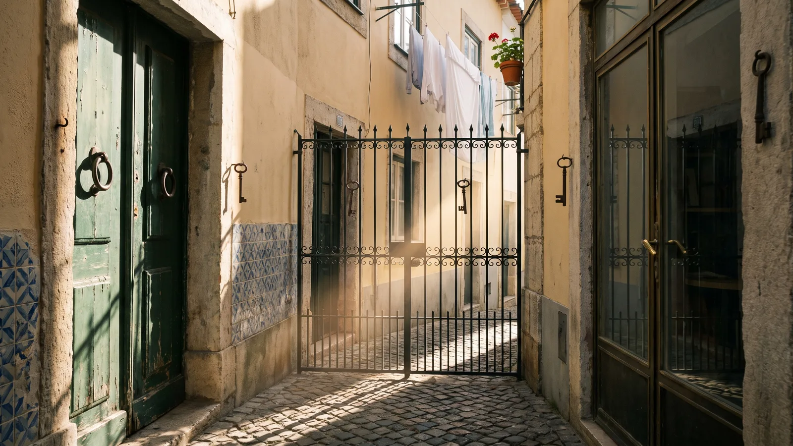 Drie verschillende deuren naast elkaar in een zonnige steeg in Lissabon: een verweerde houten deur, een smeedijzeren hek en een glazen winkelpui, waarvan alleen het hek op een kier staat