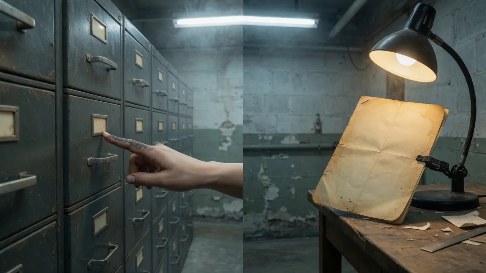 Gesplitst beeld van een kelderarchief: links een vinger die naar de la van een archiefkast wijst, rechts één leeg vel onder een klemlamp