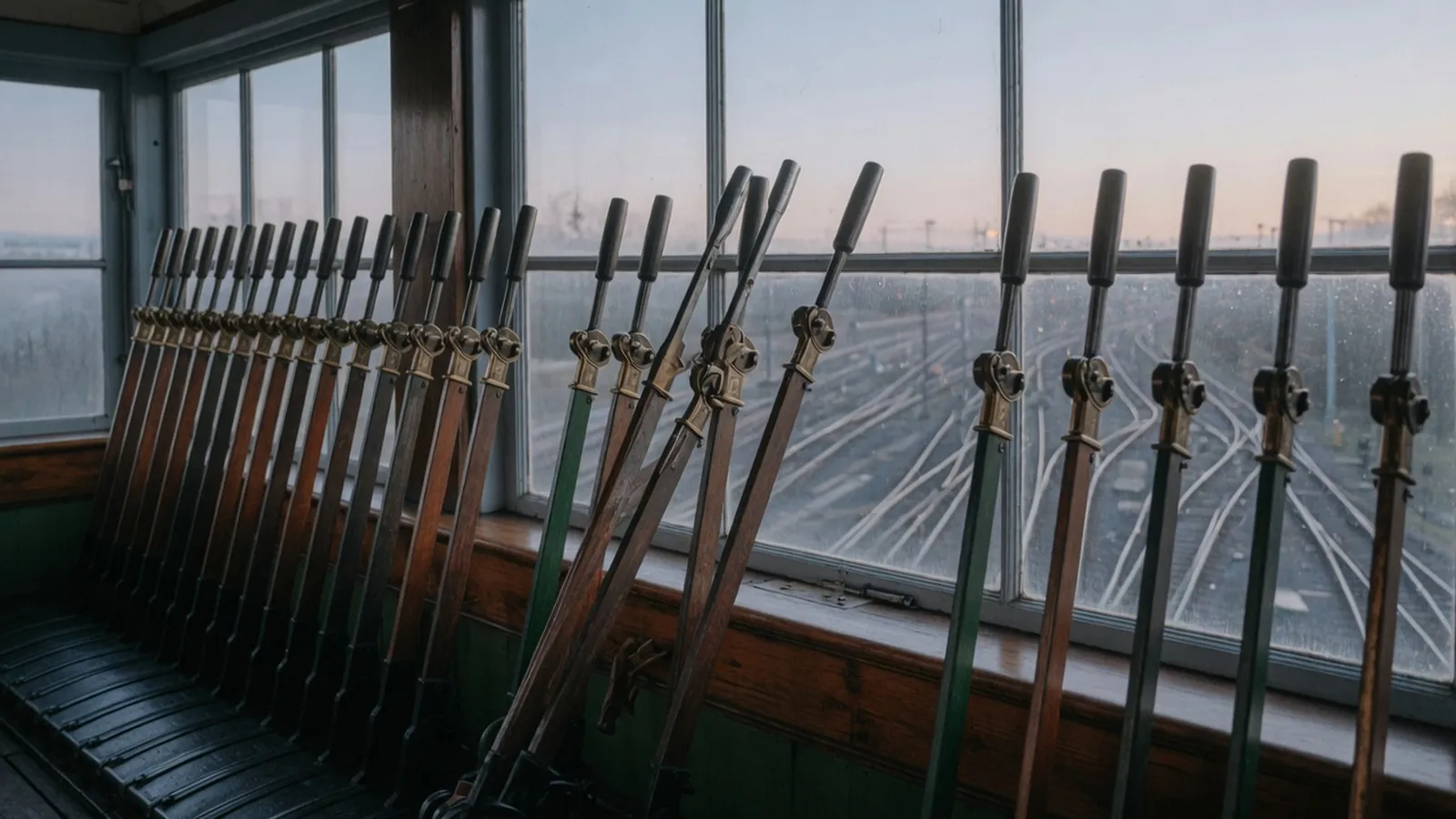 Inside a railway signal box at dawn, a long row of red and green iron levers stands in a wooden frame, a few pulled forward and most upright, while tracks fan out across the rail yard beyond the windows