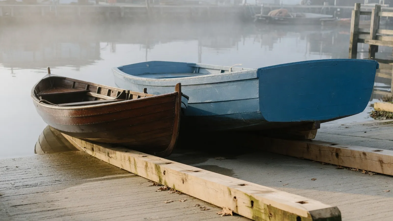 Two wooden rowing boats of different build side by side on a misty harbour slipway, a slim dark-varnished boat and a broader blue-painted one, resting on parallel pale timber beams