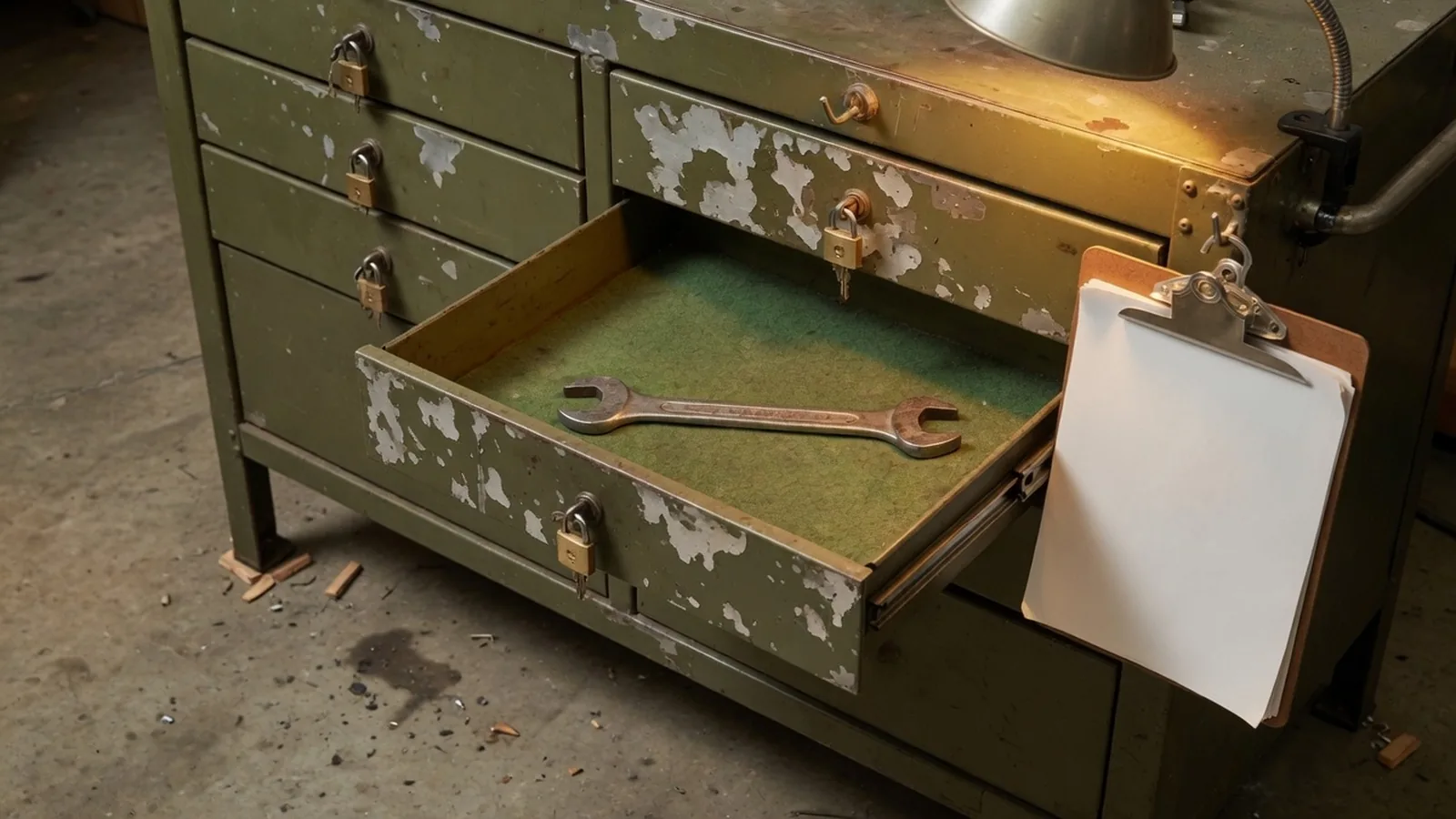 Eén gelabelde lade van een gereedschapskast staat open, de andere laden op slot, een logboek aan een klembord aan het frame