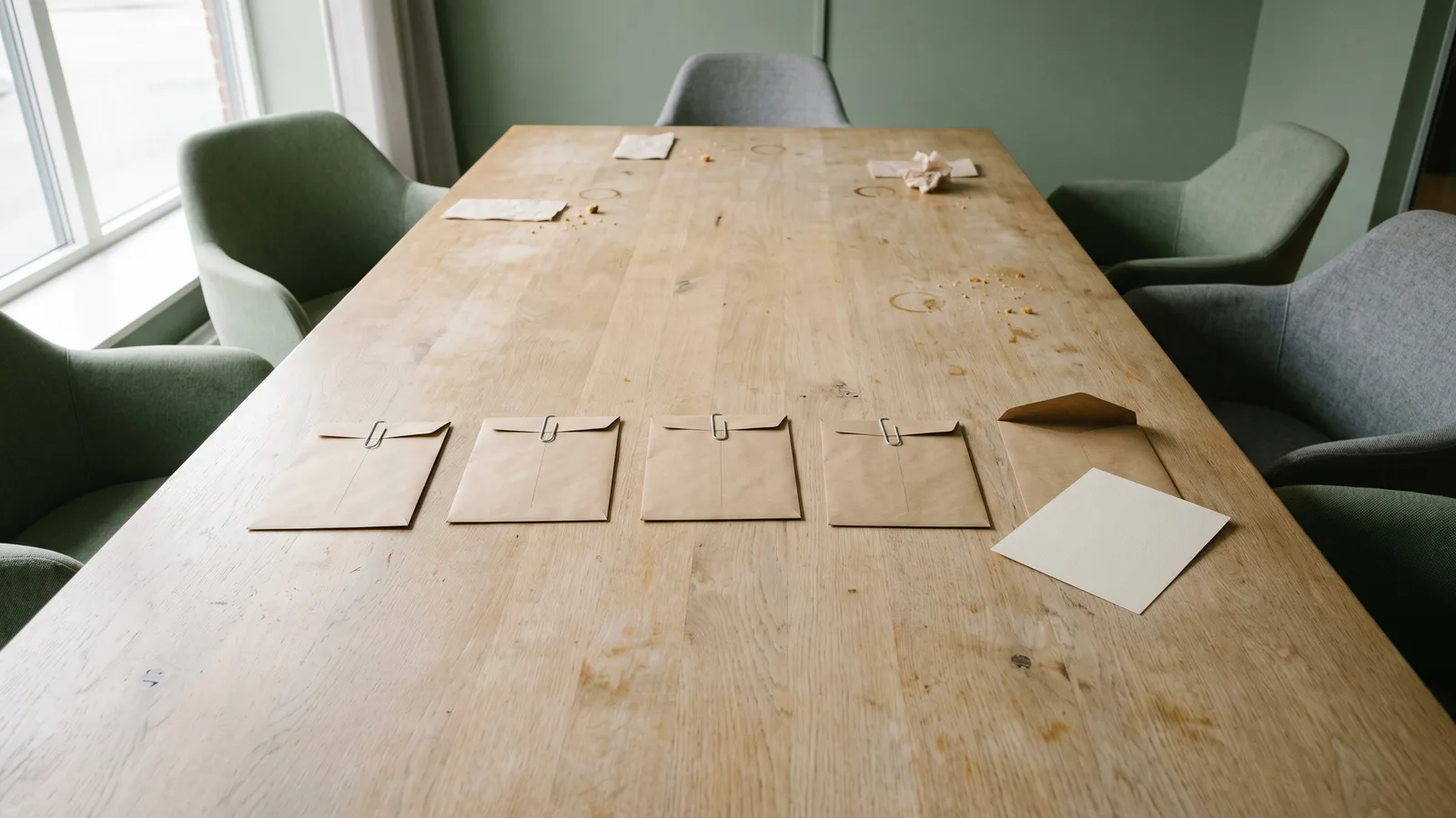 Five kraft envelopes in a row on a pale oak meeting table after a meeting: four still clipped shut, the fifth opened with its card lying beside it
