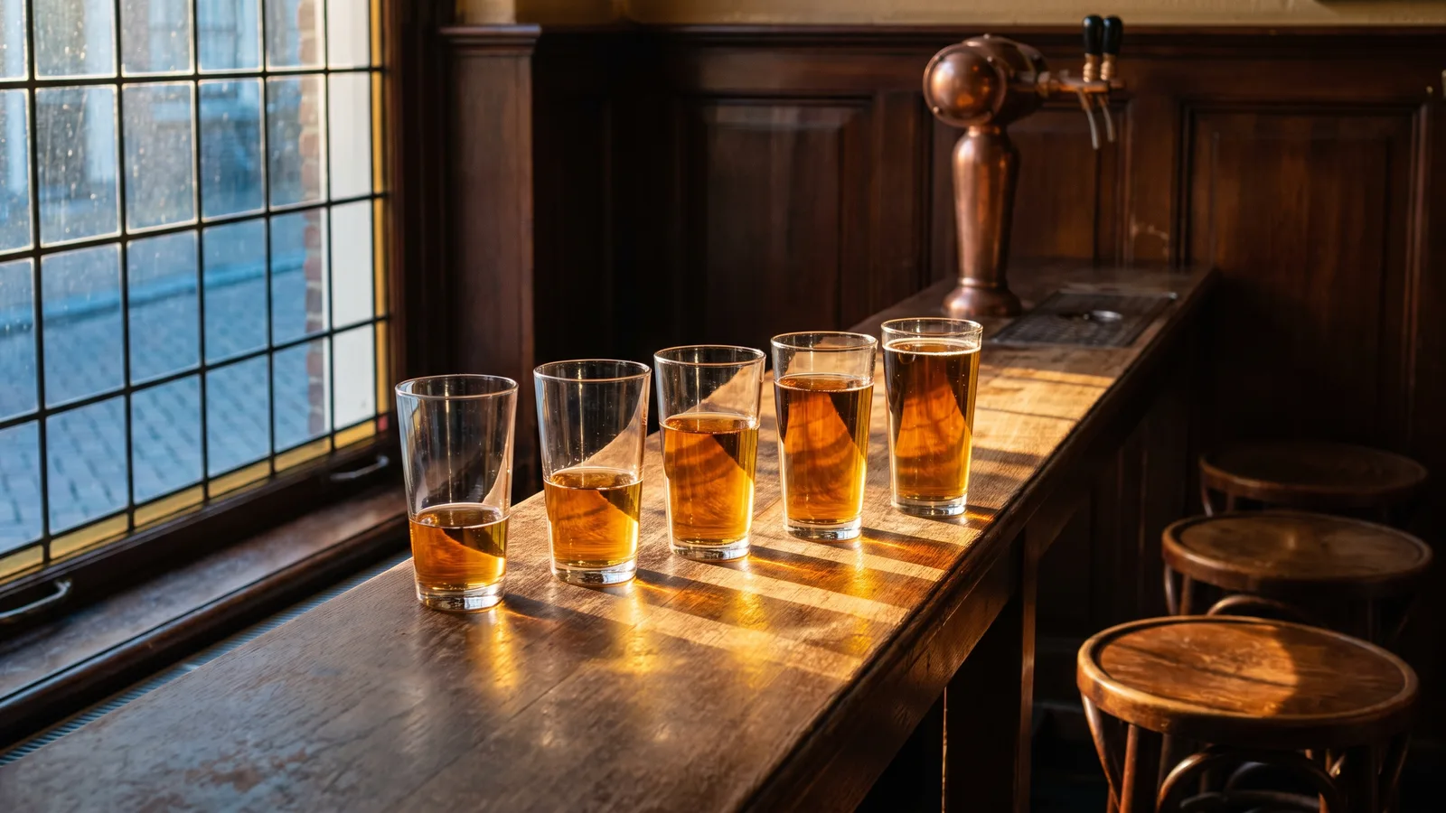 Five identical glasses on a wooden cafe counter in morning light, each filled with the same amber drink to a different level