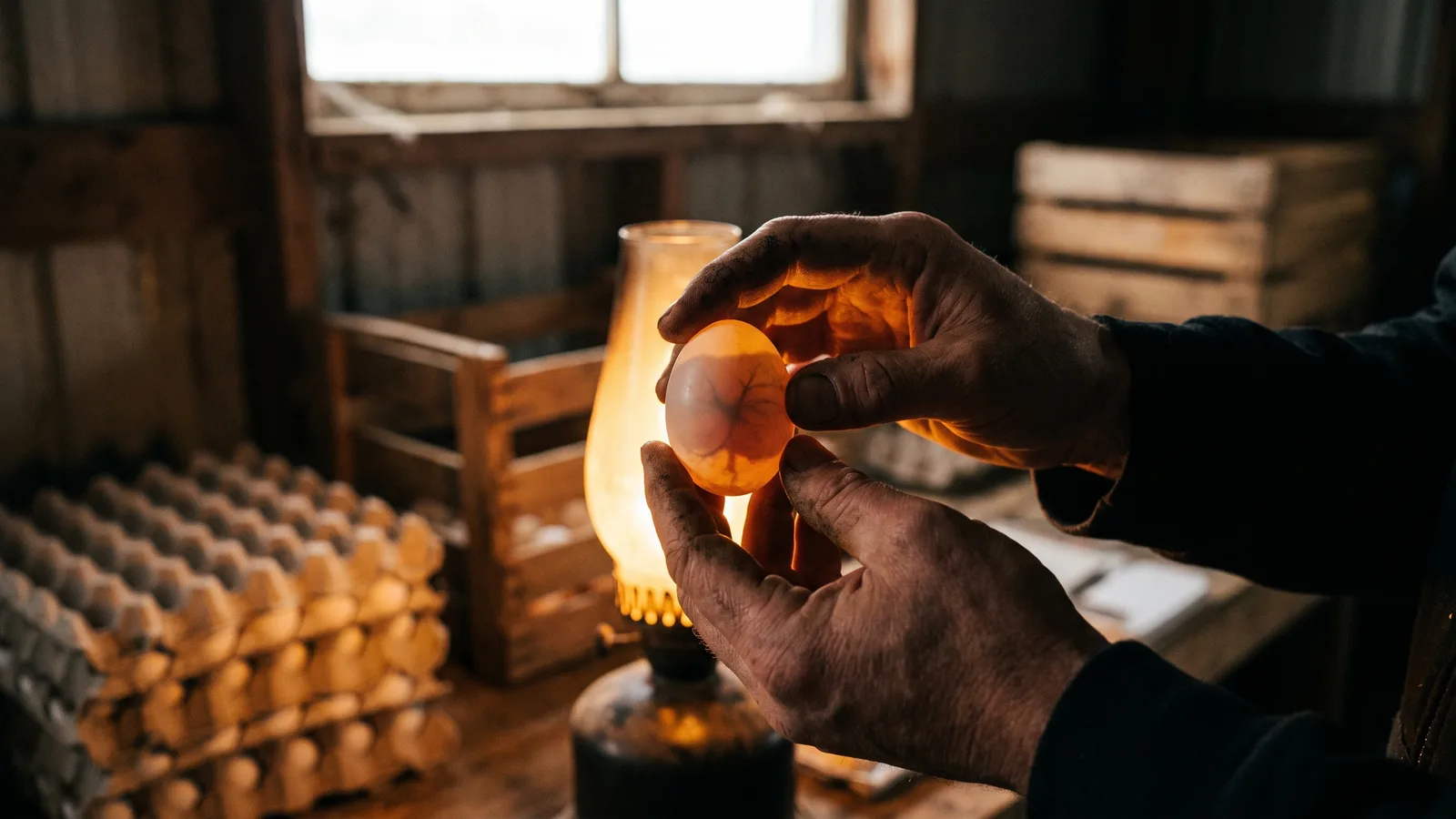 Two hands hold an egg against a candling lamp in a dark shed so its inner shadow shows, sorted trays blurred behind
