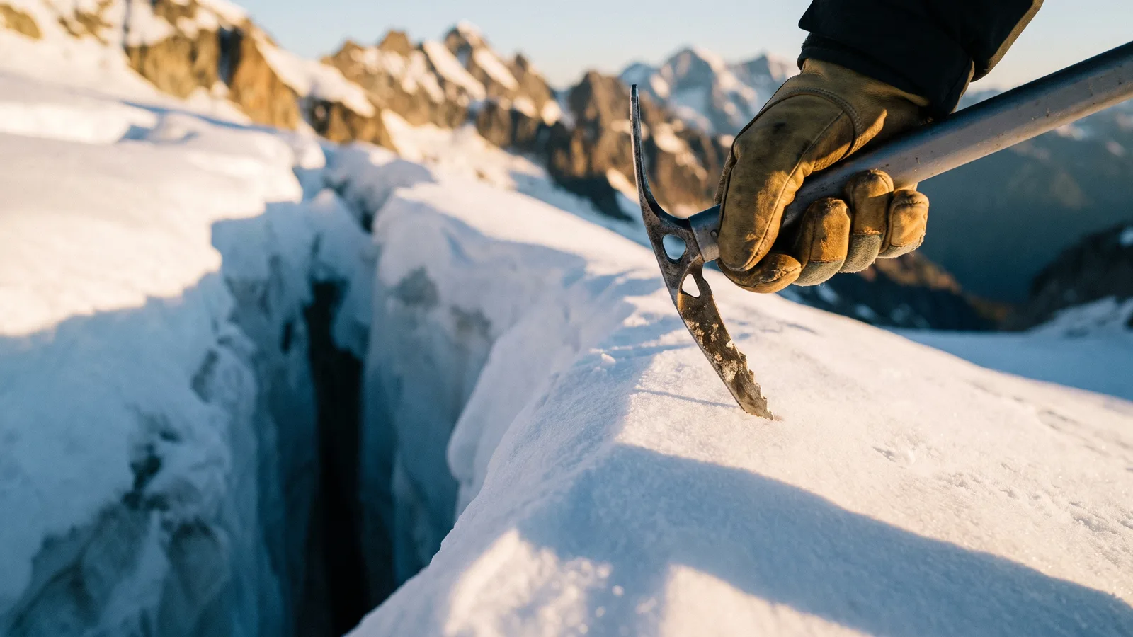 A gloved hand probes a snow bridge with the shaft of an ice axe before stepping onto it, early morning in the mountains