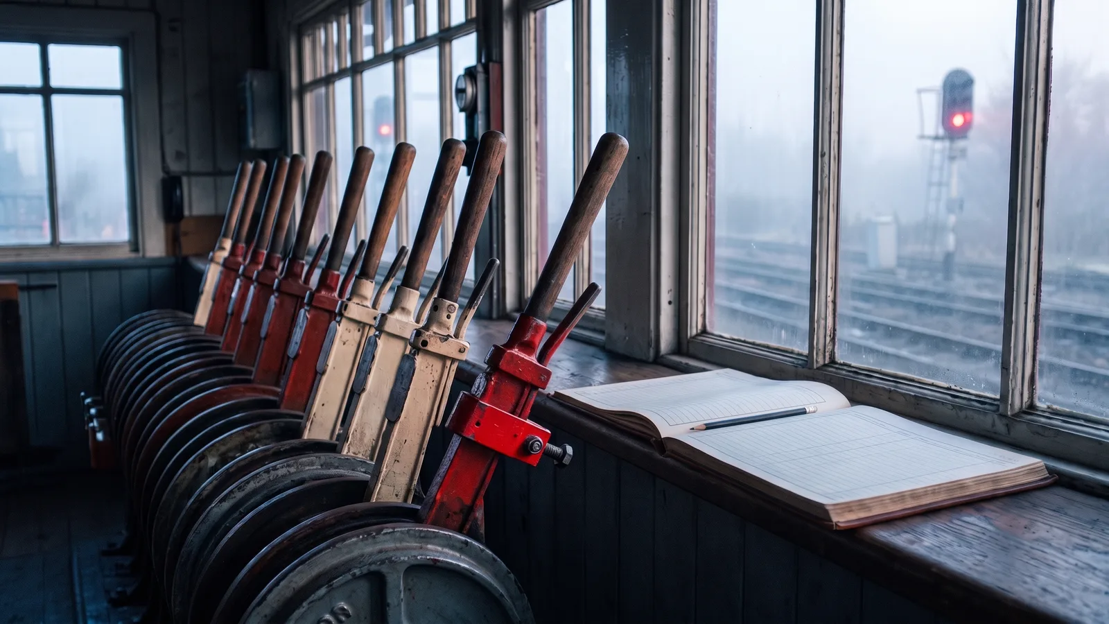 Railway signal box at dawn, seen from inside: a row of heavy iron levers, most pulled back, one held forward by a red safety clamp, with a paper train register lying open on the sill beside a pencil