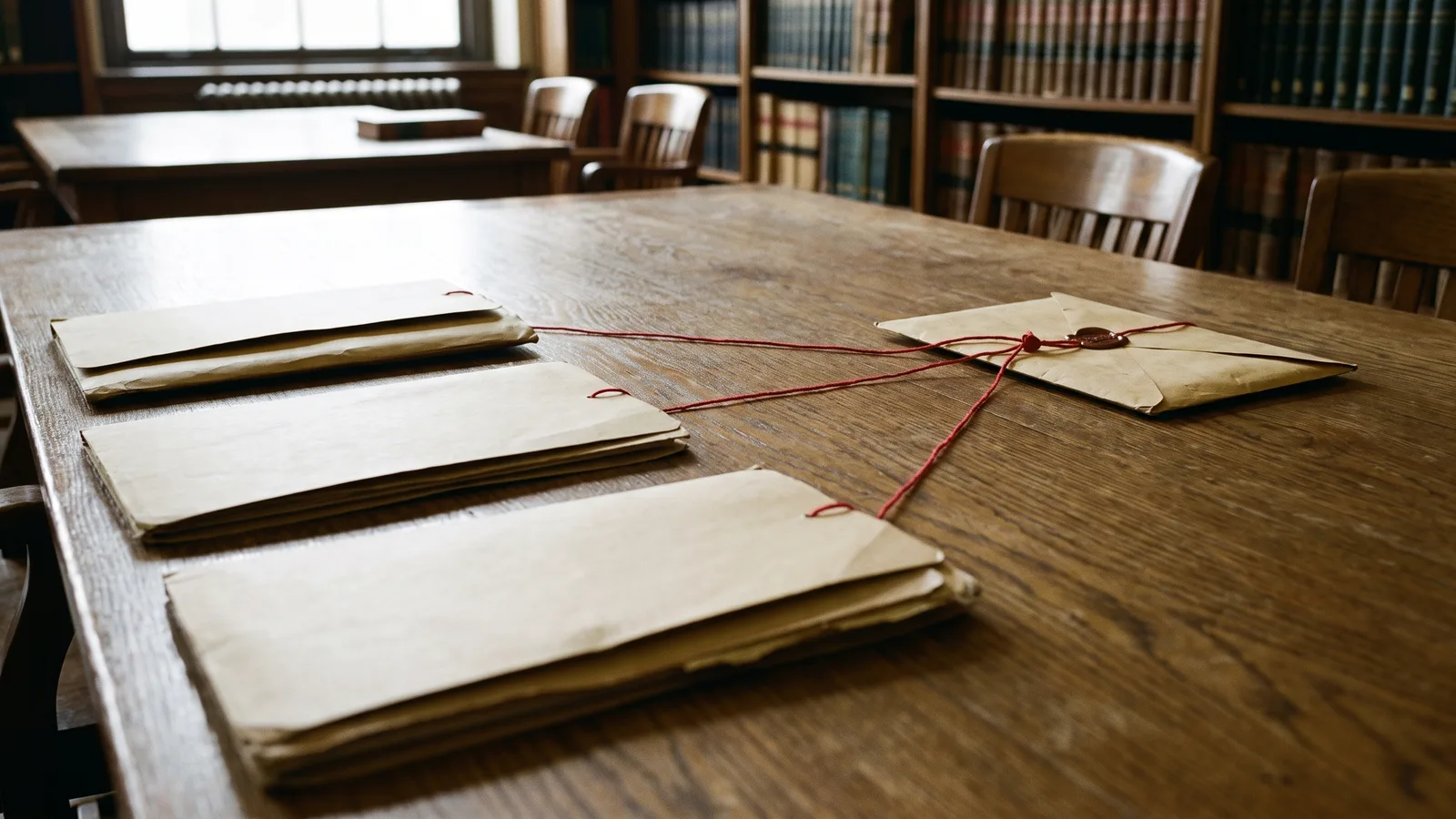 Three manila folders on a reading-room table with red threads running from each to the same sealed envelope