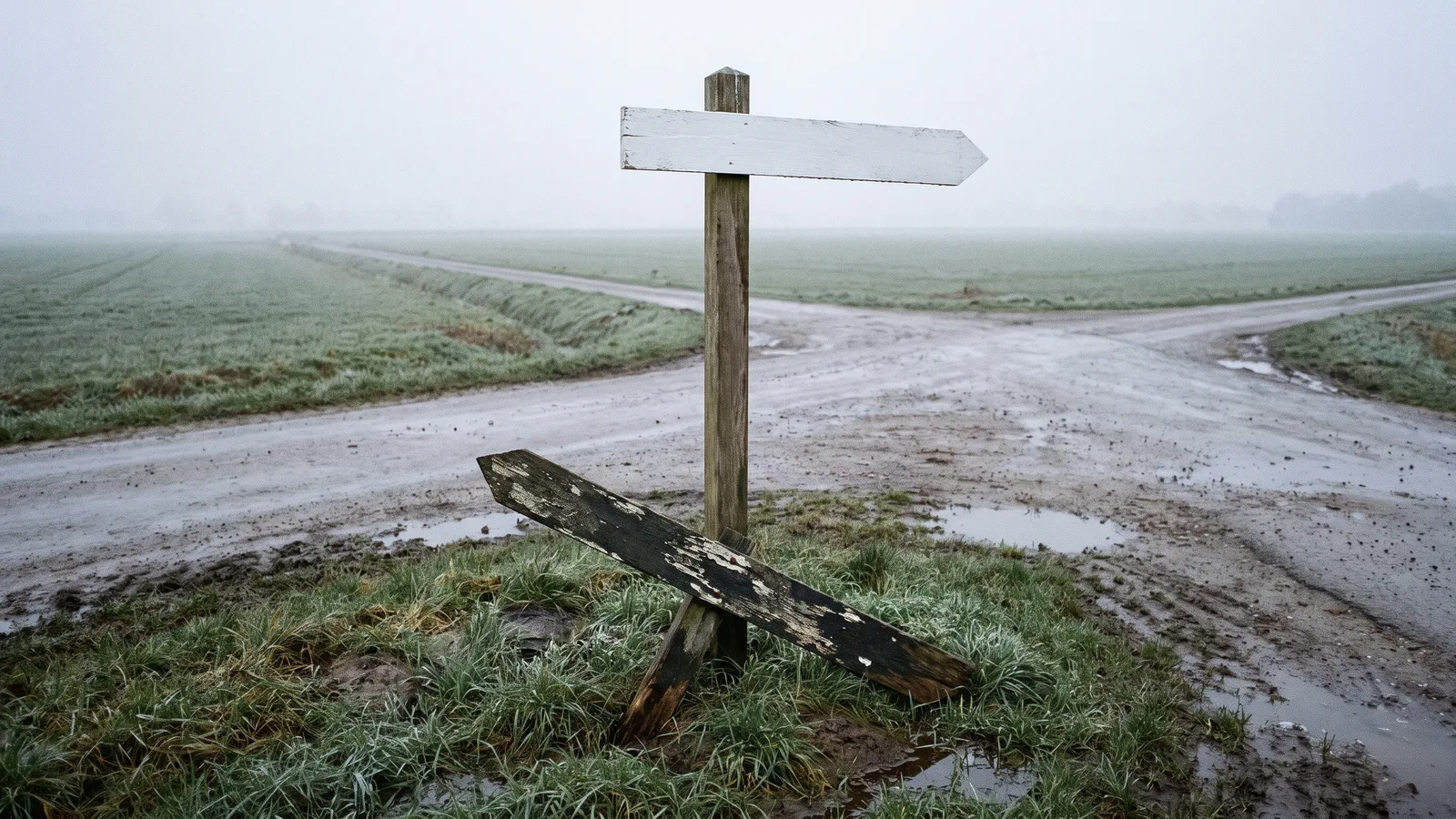 A wooden signpost at a Dutch crossroads with one freshly painted blank arm turned to a new direction, the old weathered arm in the grass below