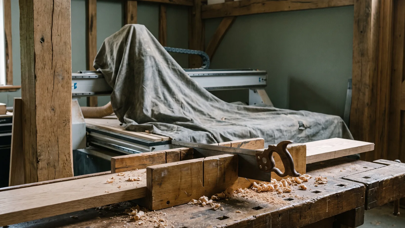 A hand saw and mitre box cutting one oak board on a workbench while a large CNC router waits under a dust sheet behind