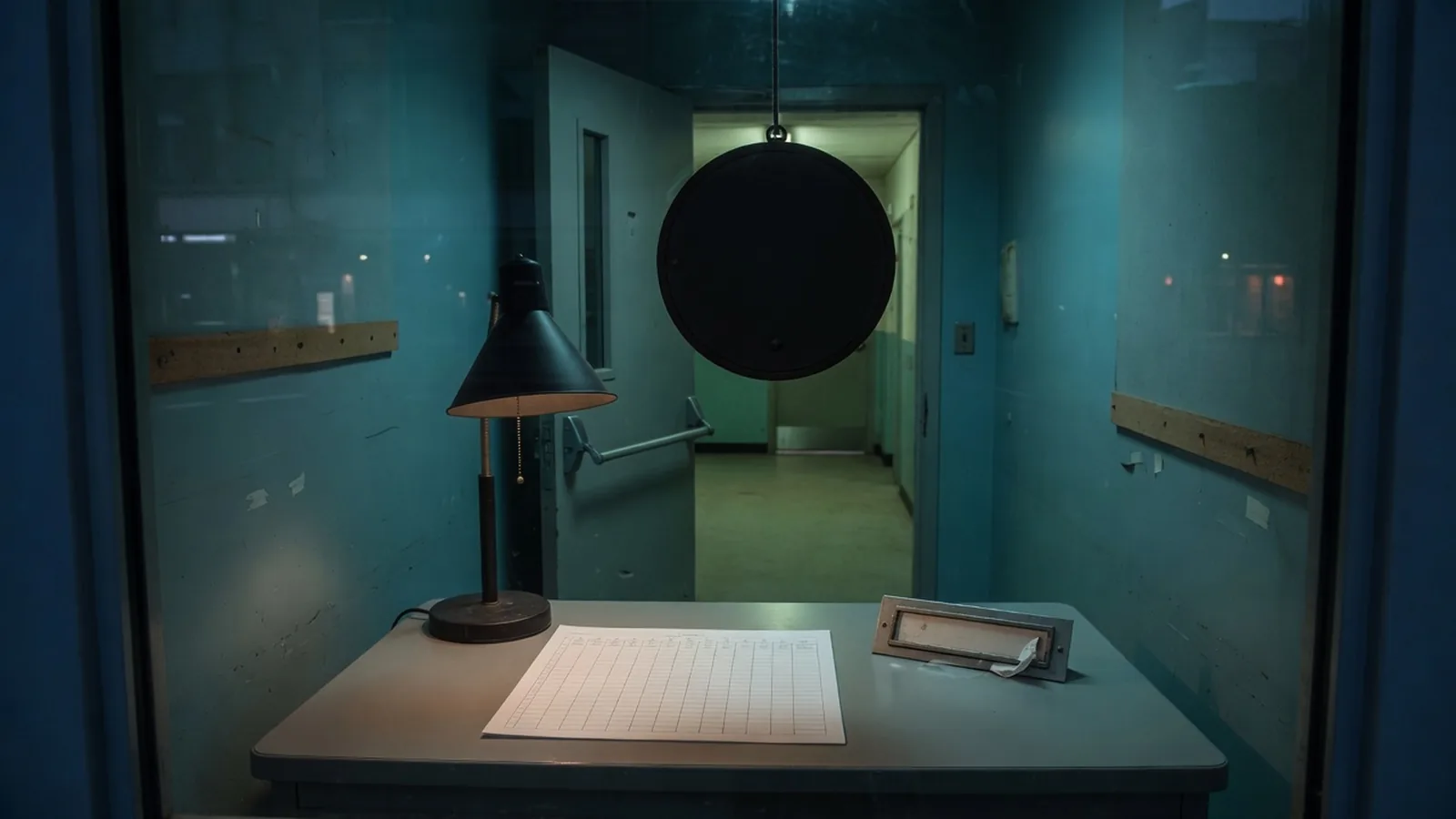 Raam van een radiostudio, de on-air lamp uit, een lege gleuf voor het naambordje, het logboek nog blanco