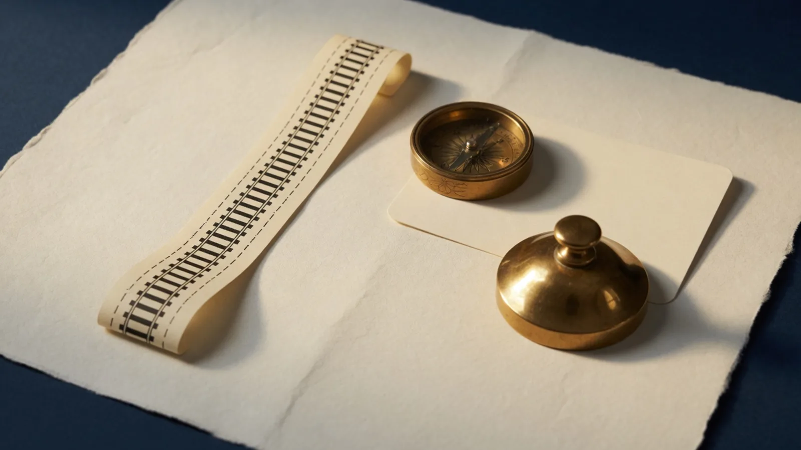 Paper railway track beside a brass compass and weight on cream paper
